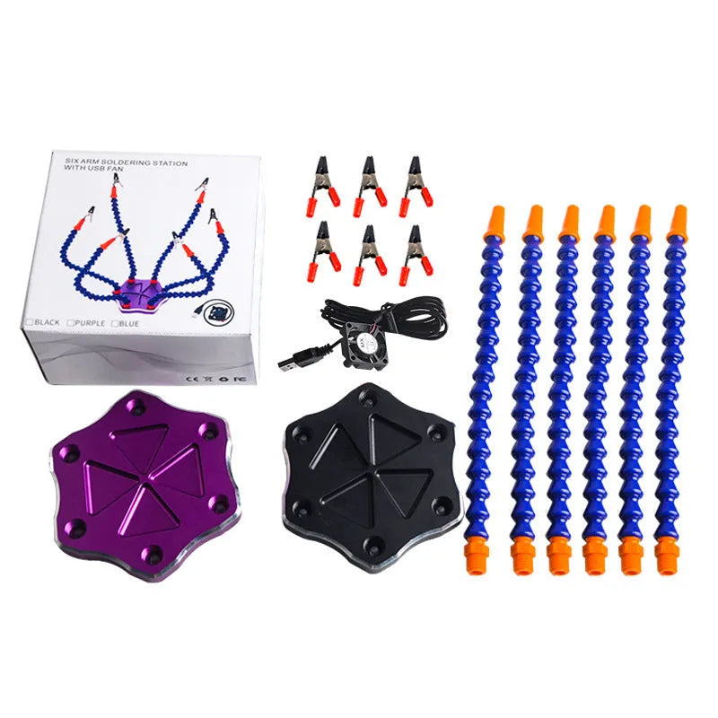 Black and purple aluminium alloy six-claw welding station with adjustable arms for model repair soldering.