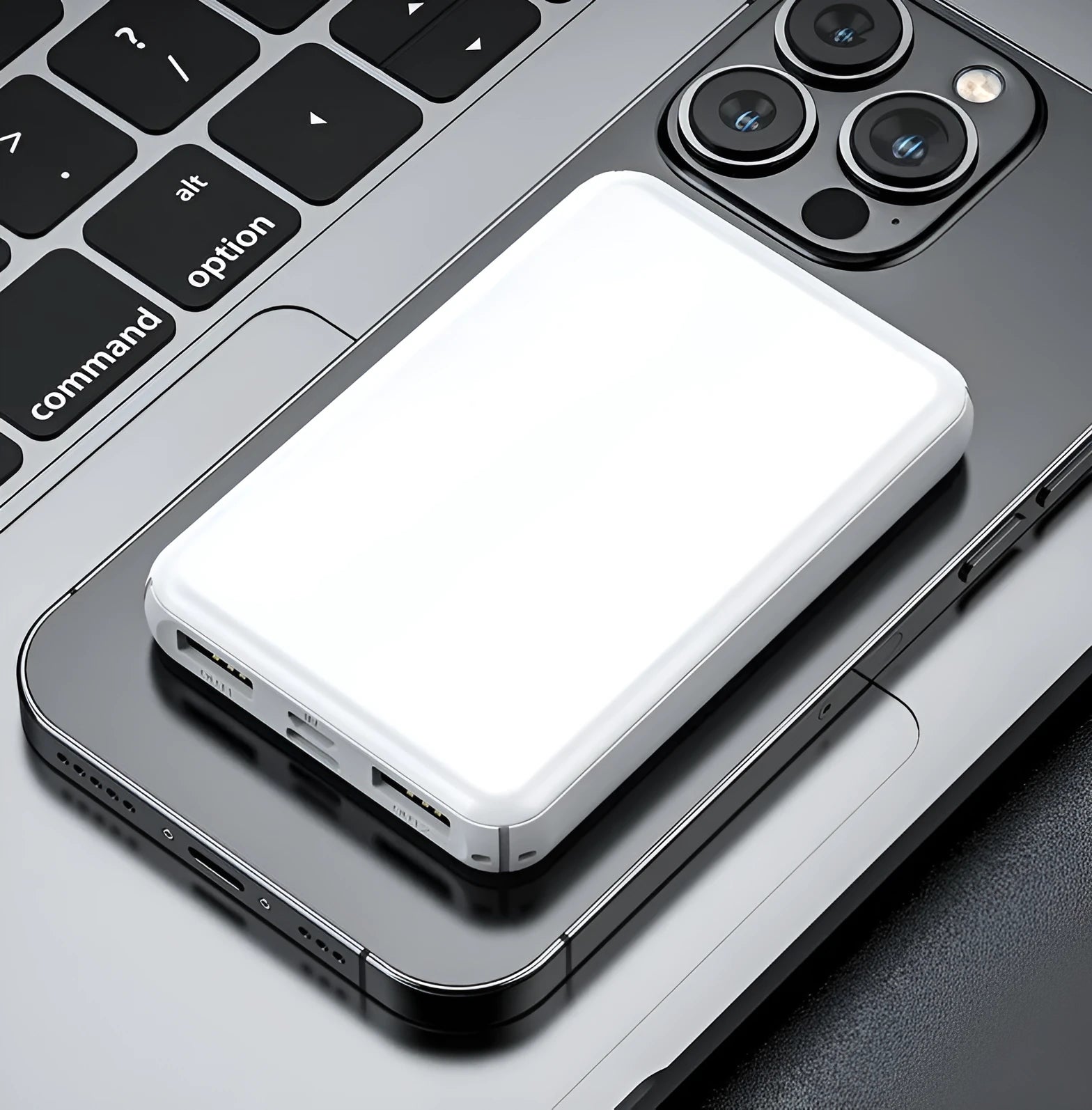 Black and white power bank for electric heating vest belts showing 97mm x 64mm x 14mm dimensions
