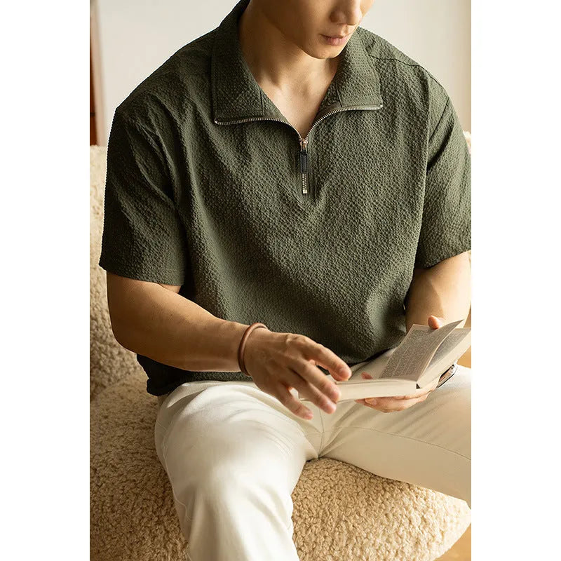 Men's ice silk short sleeve T-shirt in cedar green colour with loose fit summer design