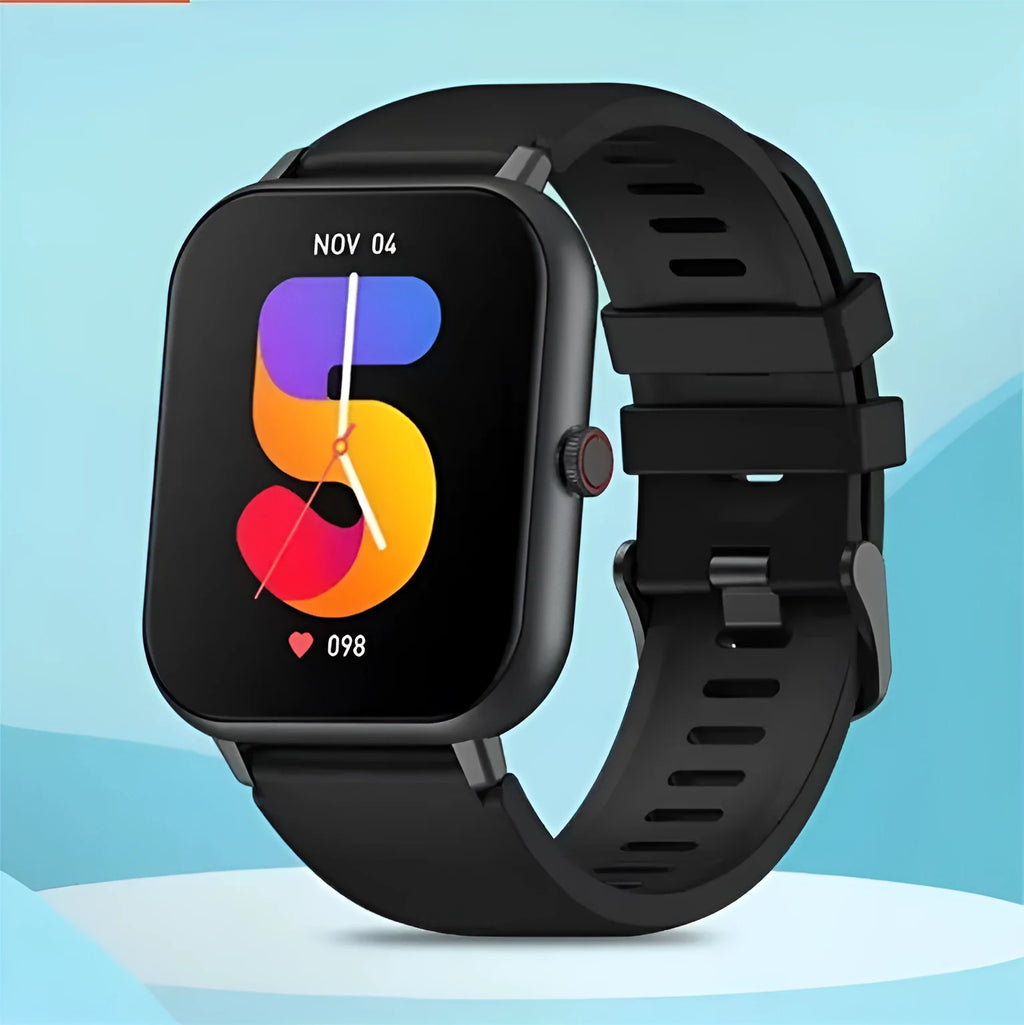 Bluetooth smart watch on wrist showing TFT screen, available in black, pink, silver gray, or khaki.