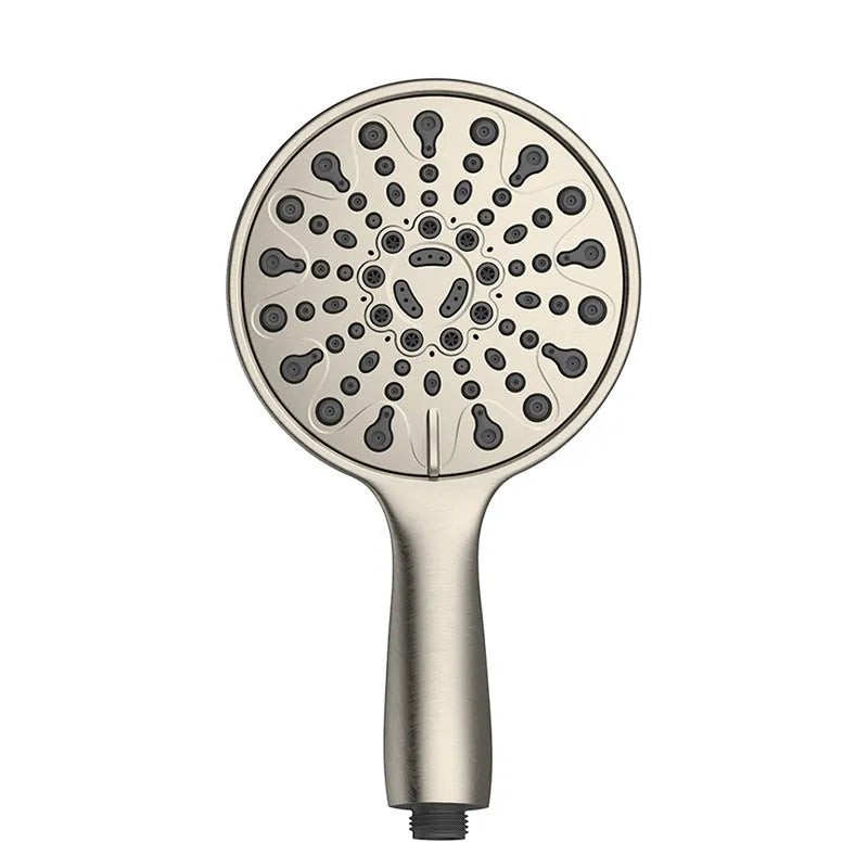 Silver electroplated handheld shower head with six function selector on a 6-inch face.