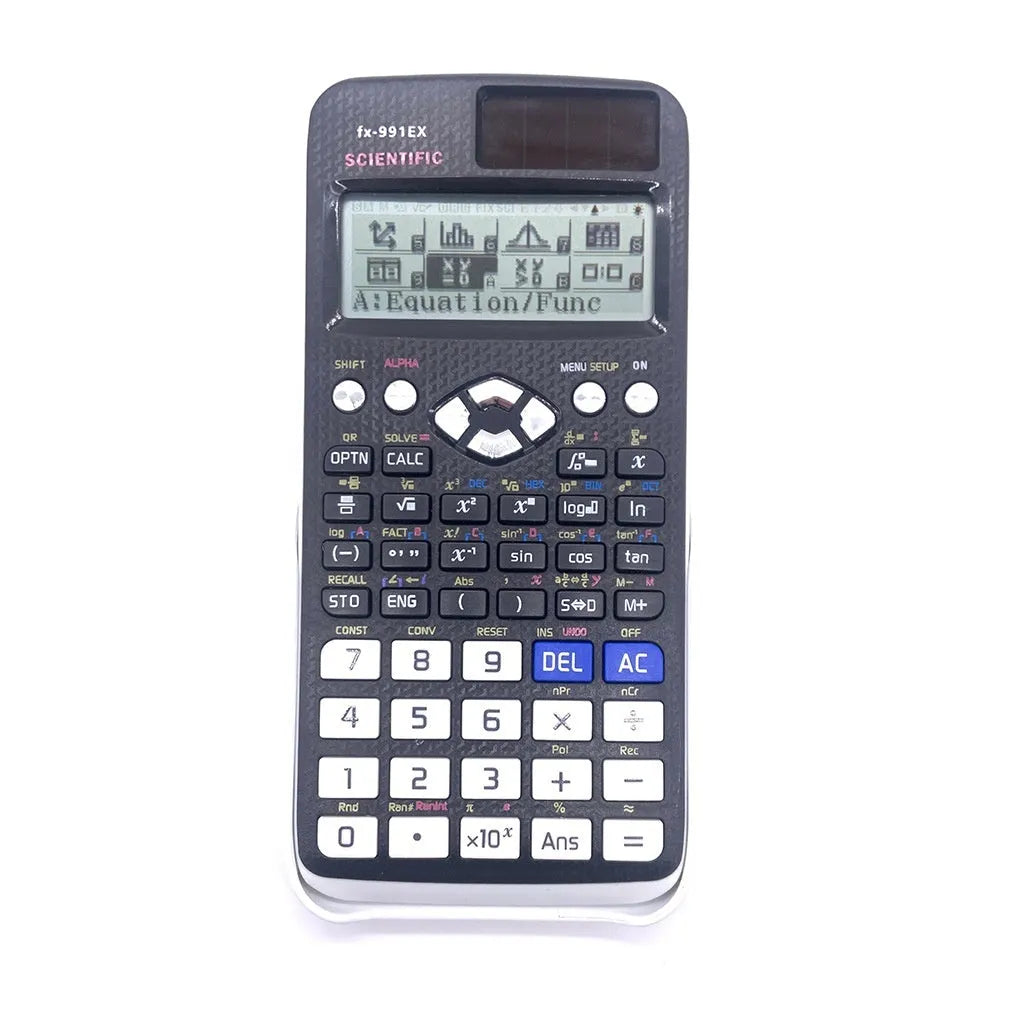 991EX scientific calculator in black, blue or pink with solar panel and ABS plastic construction