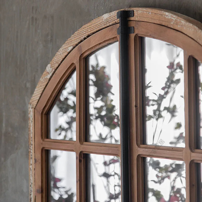 Terrace Distressed Fake Window Wall Mirror in log colour wooden glass