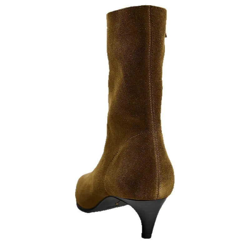 Brown square toe ankle boots with side zip and a mid stiletto heel on a waterproof platform sole.