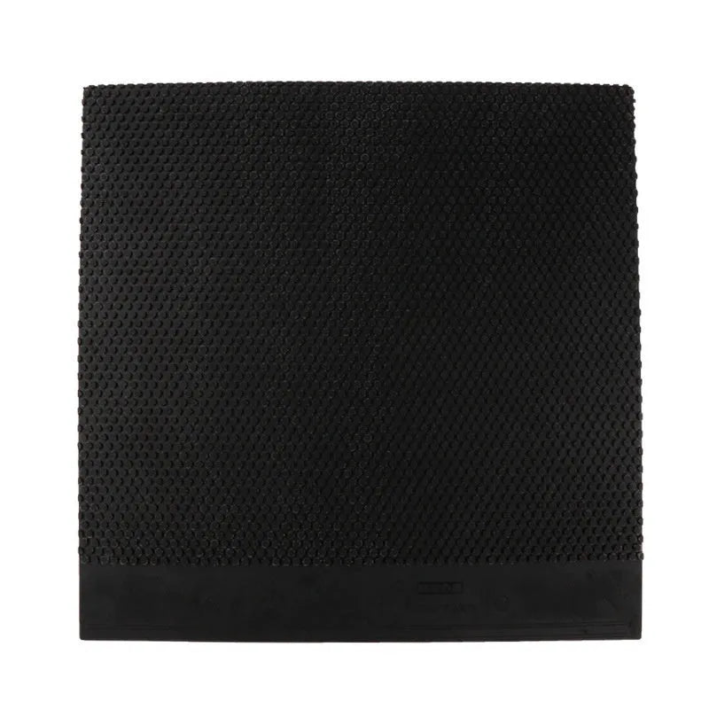A single sheet of raw table tennis rubber in black or red colour with a small-particle texture surface.