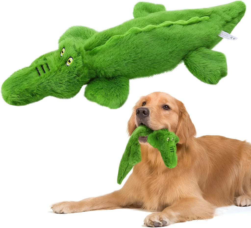 Green crocodile-shaped plush dog toy with no stuffing, featuring a squeaker and crinkle paper for interactive play.