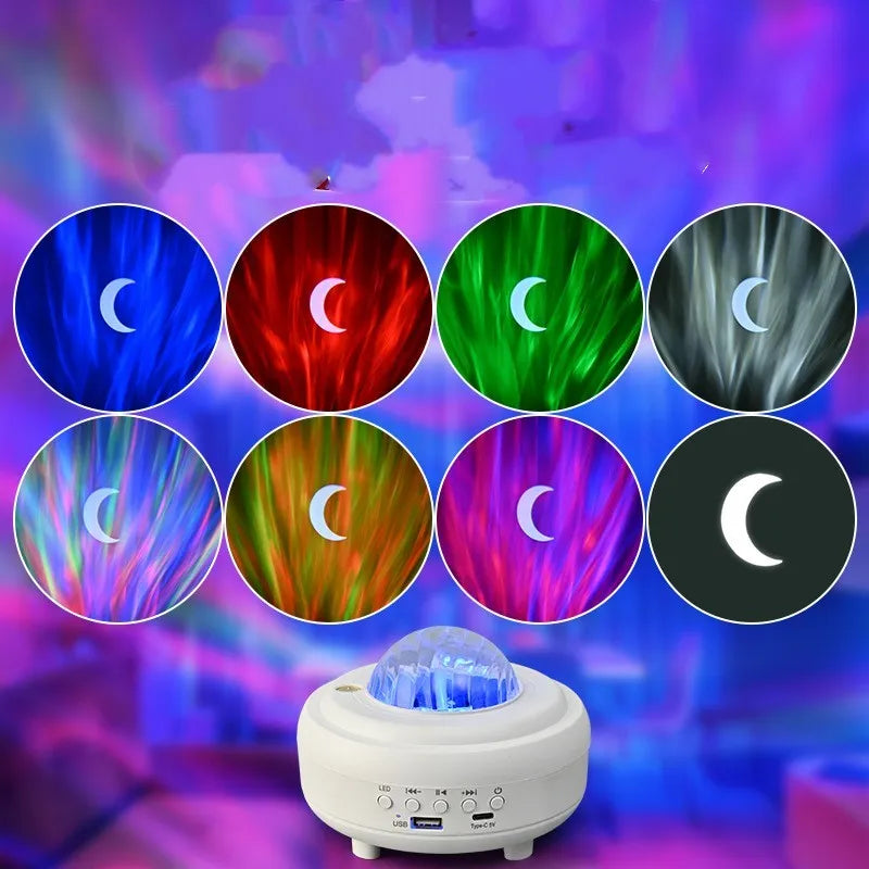 White Galaxy Star Projector night light projecting blue star patterns on ceiling