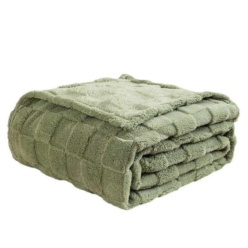 Geometric pattern polyester fleece blanket in creamy white colour showing thickened texture
