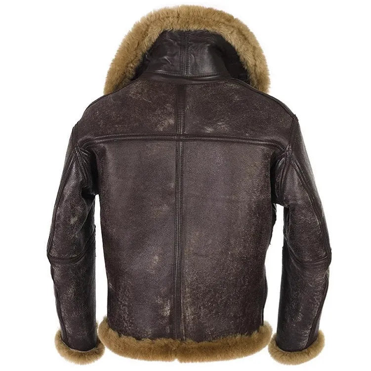 Brown retro-style synthetic leather fur coat for men with side pockets on a model.