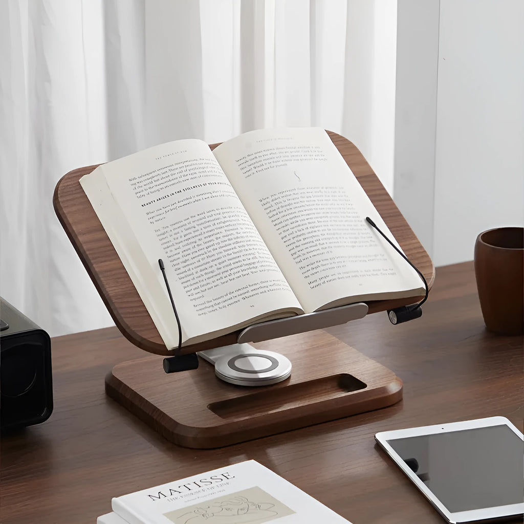 Solid walnut wood adjustable reading rack with rotating mechanism holding book and tablet