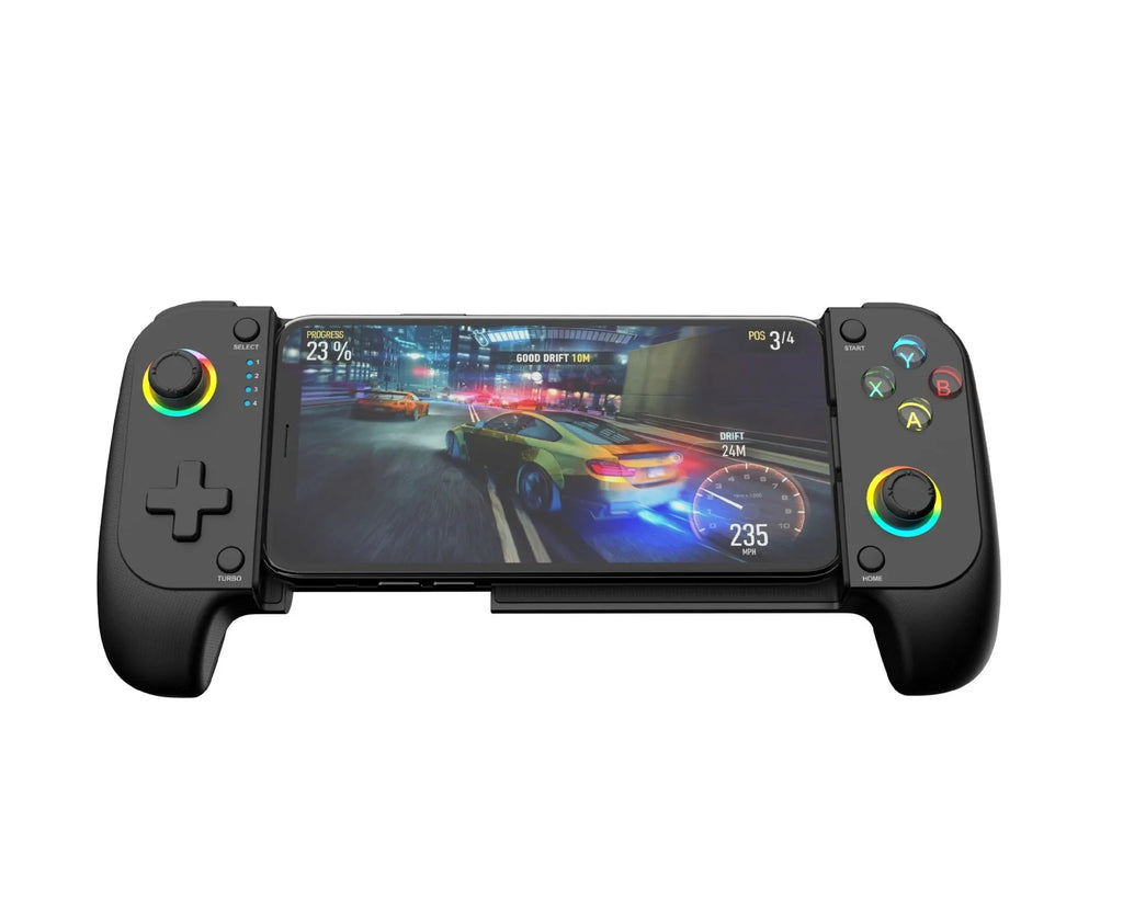 Bluetooth wireless mobile gaming controller for Android and iOS smartphones in black, red and blue, or white colours