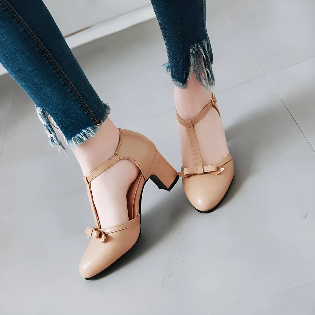 Women's apricot chunky heel sandals with bow tie, hollow out detail, and 6.5cm mid-heel
