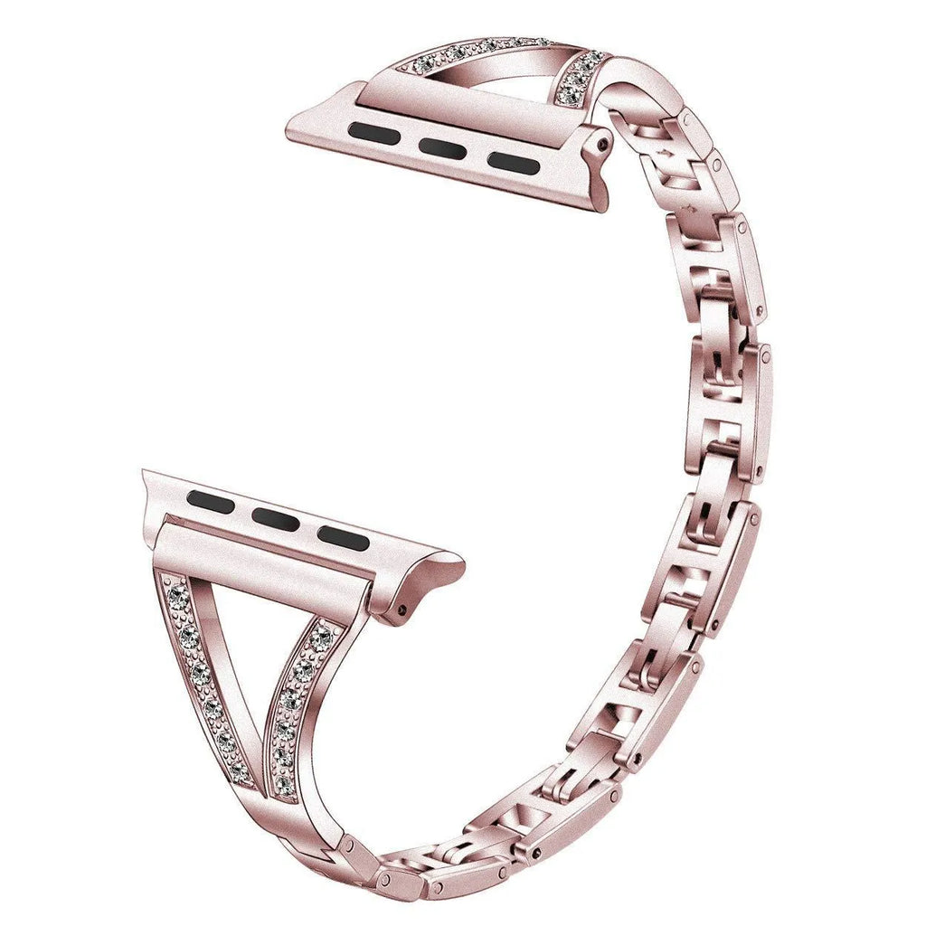 Zinc alloy herringbone pattern smart watch strap with diamond accents for Apple Watch, shown in a silver finish.