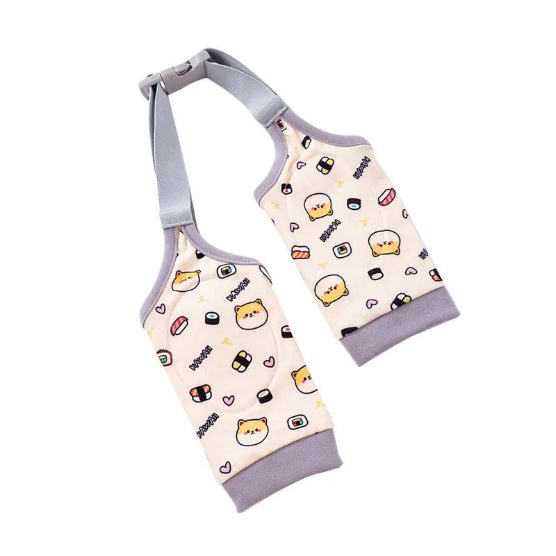 Blue dog knee protector with adjustable straps and matching scarf on a medium-sized dog’s front leg.