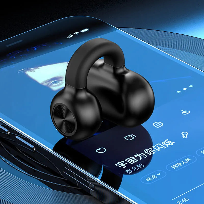 Black wireless bone conduction clip-on earphones with charging cable