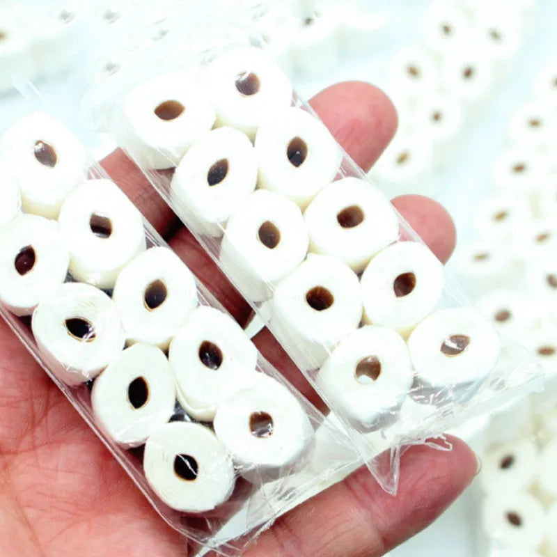 Miniature simulated toilet paper roll model made from paper, shown at 30mm by 15mm by 80mm scale.