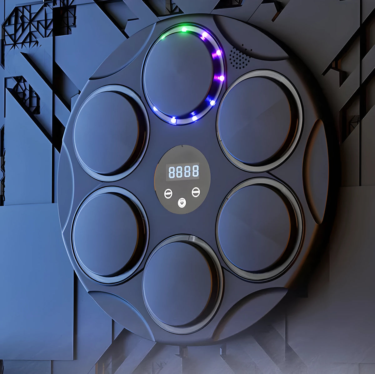 Black wall-mounted smart boxing target with coloured LED lights and Bluetooth connectivity for fitness training