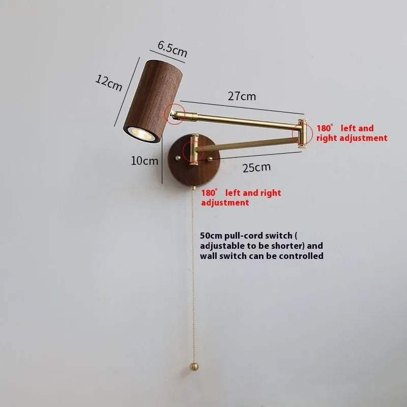 Retro-style wooden and iron wall lamp with a long, rotating arm and integrated switch.