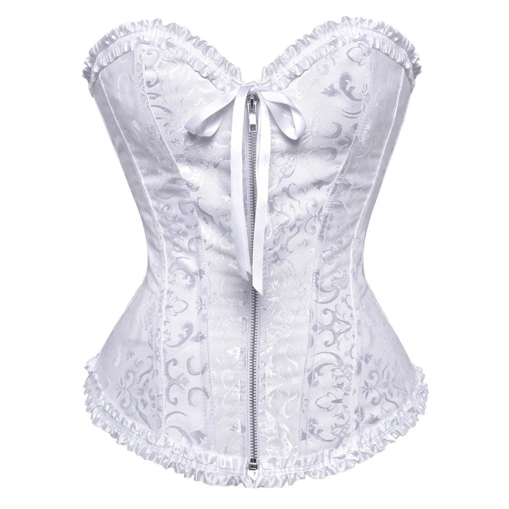 Women's black and red jacquard corset with a front zipper closure, made from stretch spandex fabric.