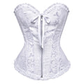 Women's black and red jacquard corset with a front zipper closure, made from stretch spandex fabric.