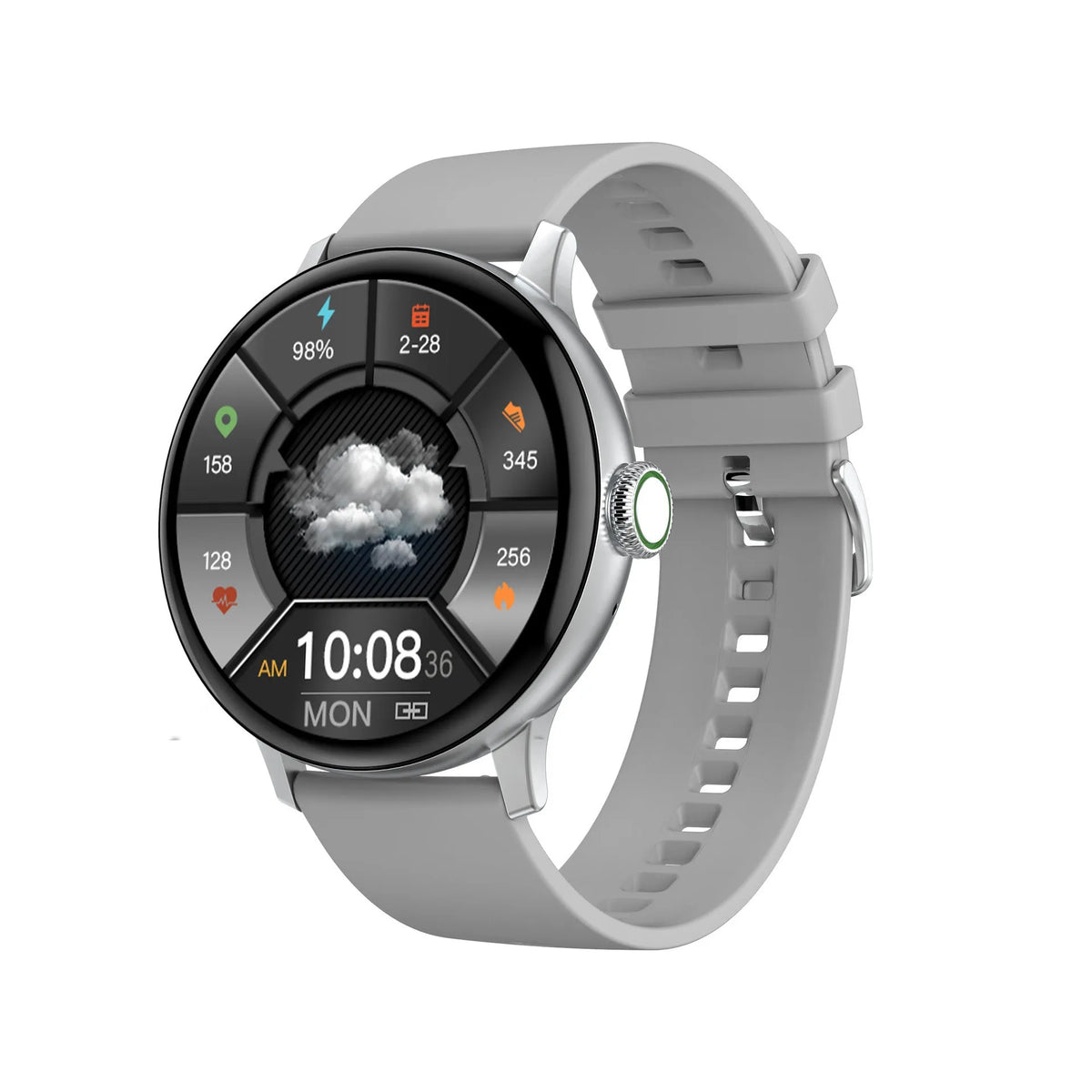 Round Bluetooth smart bracelet with touchscreen on a wrist, showing call and heart rate functions.