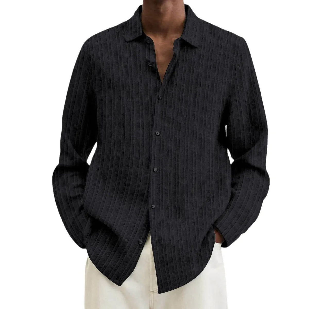 British-style loose fit men's striped long sleeve cardigan shirt on a hanger.