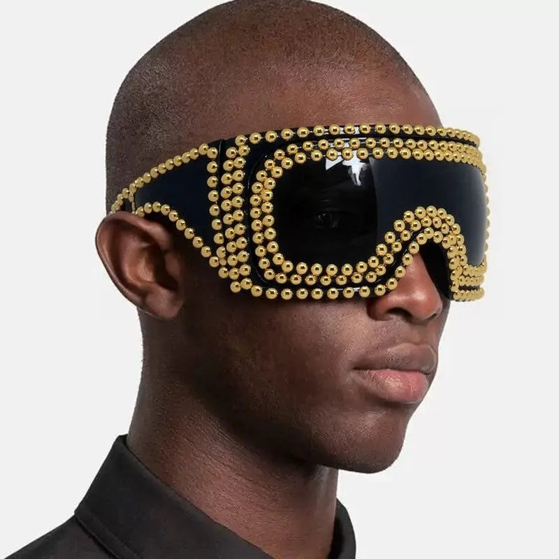 Men's punk style sunglasses with super large square frame and metal rivet details in gold colour