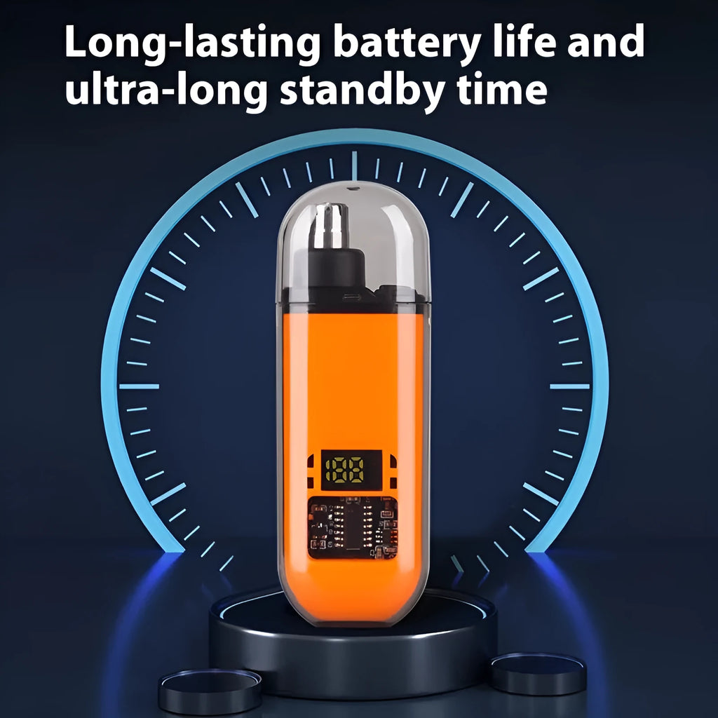Rechargeable nose hair trimmer with digital display and removable cutter head.