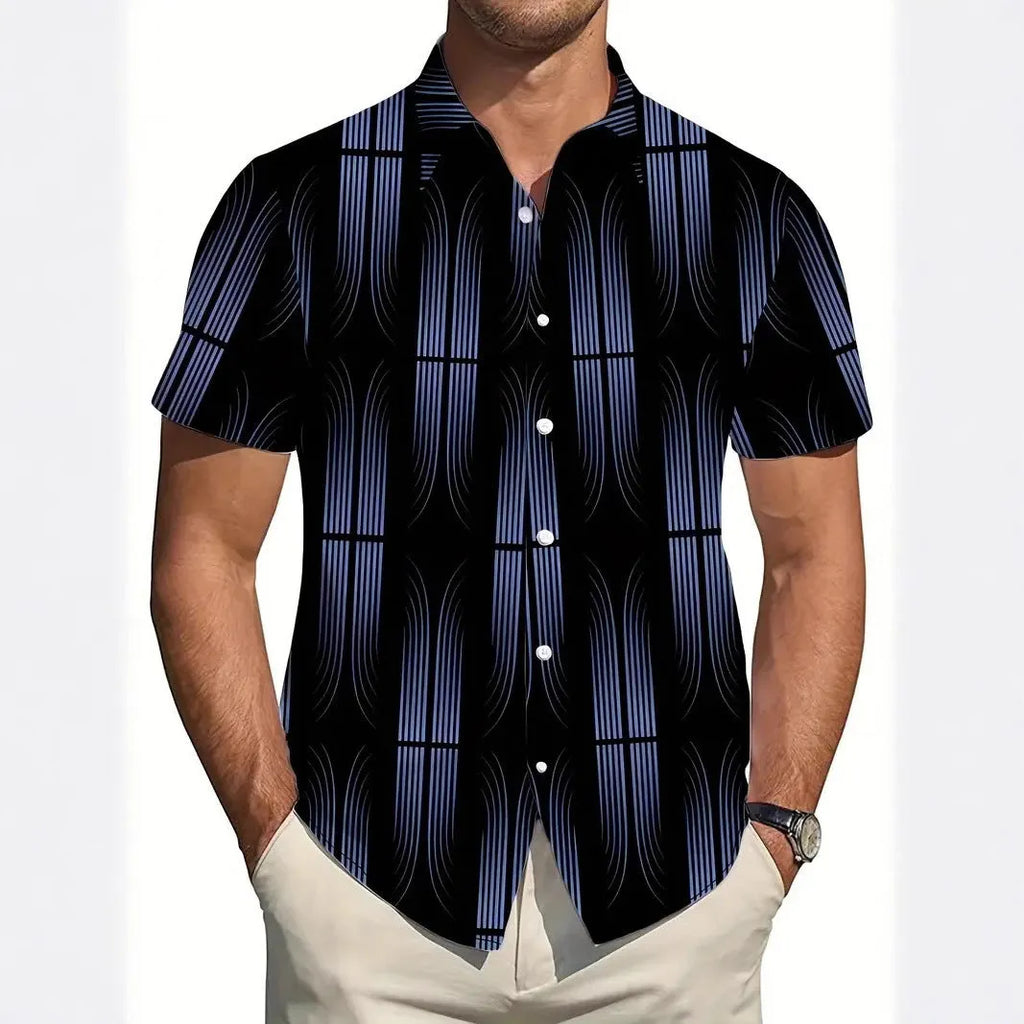 Men's slim fit geometric print short sleeve polyester shirt laid flat, showing lapel and cardigan style.