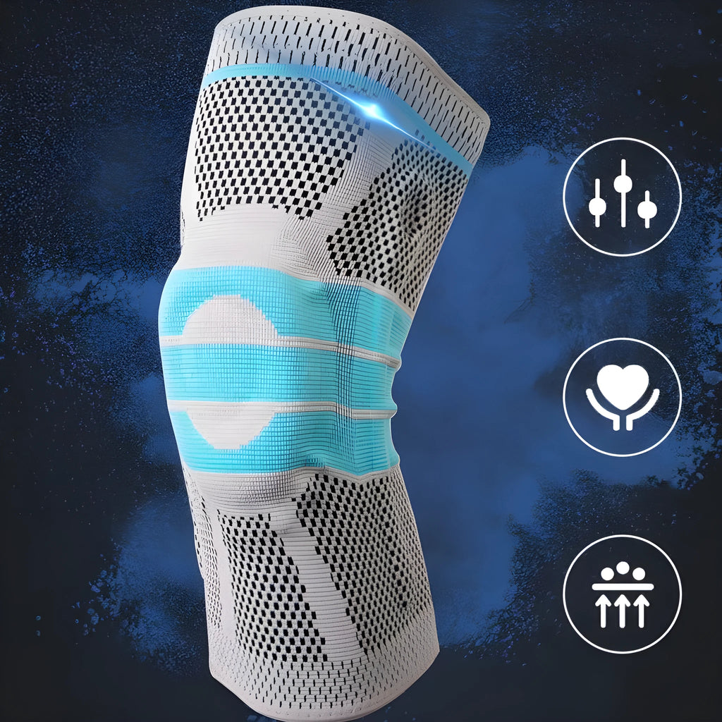 Sky blue elastic fibre silicone knee pads for running and basketball protection in S, M, L, XL sizes