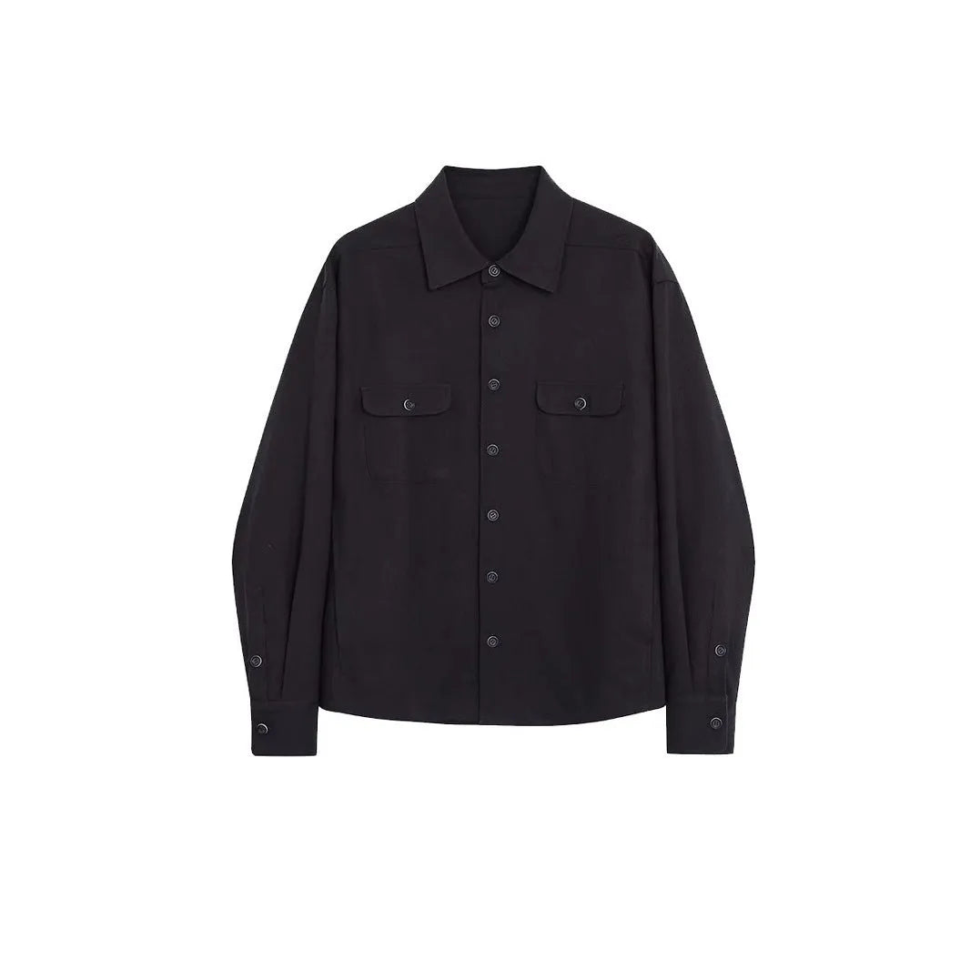 Men's light sand rice coloured long sleeve shirt with a lapel collar, laid flat.