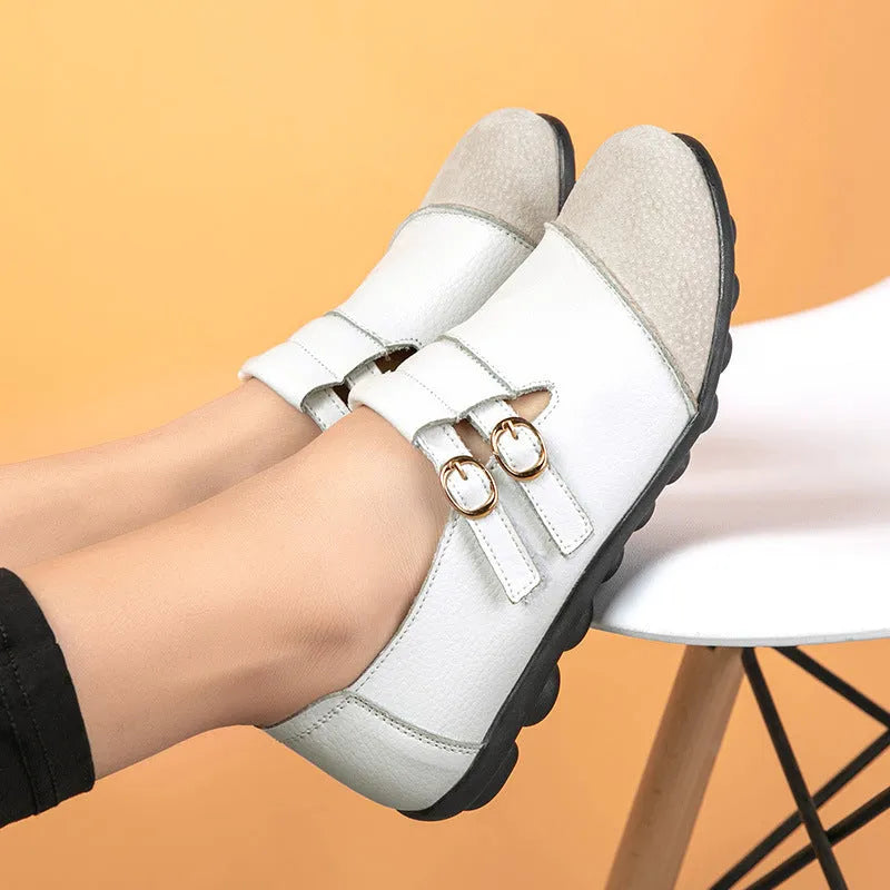 Casual low-top flat shoes with Velcro strap and round toe in cow leather, shown in multiple colours