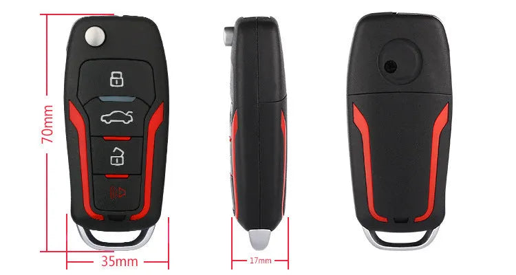 Red and black one-way remote control car alarm system with two remotes displayed.