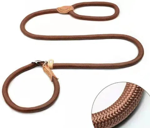Brown nylon dog leash with P chain attachment measuring 2.1 metres with rope hand holding section