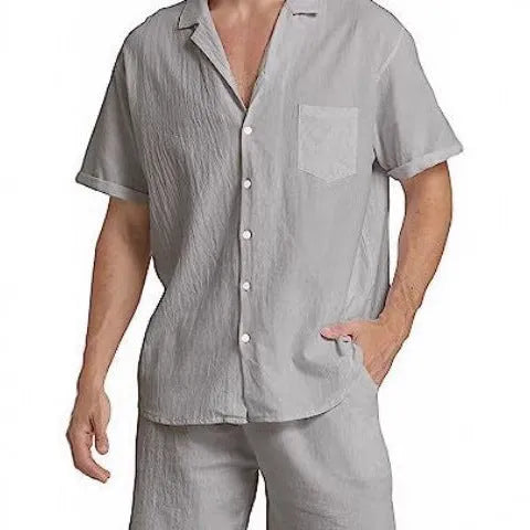 Men's linen summer sports suit with short-sleeved top and matching shorts in army green colour