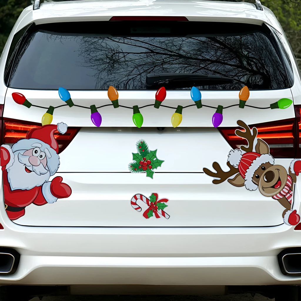 Cartoon-style Christmas elk reflective sticker with magnetic backing for car bumpers.