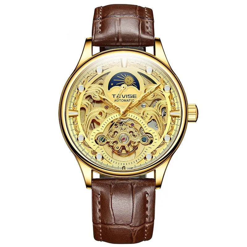 Men's automatic mechanical watch with leather strap in gold or white colours showing 16mm thickness