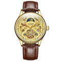 Men's automatic mechanical watch with leather strap in gold or white colours showing 16mm thickness