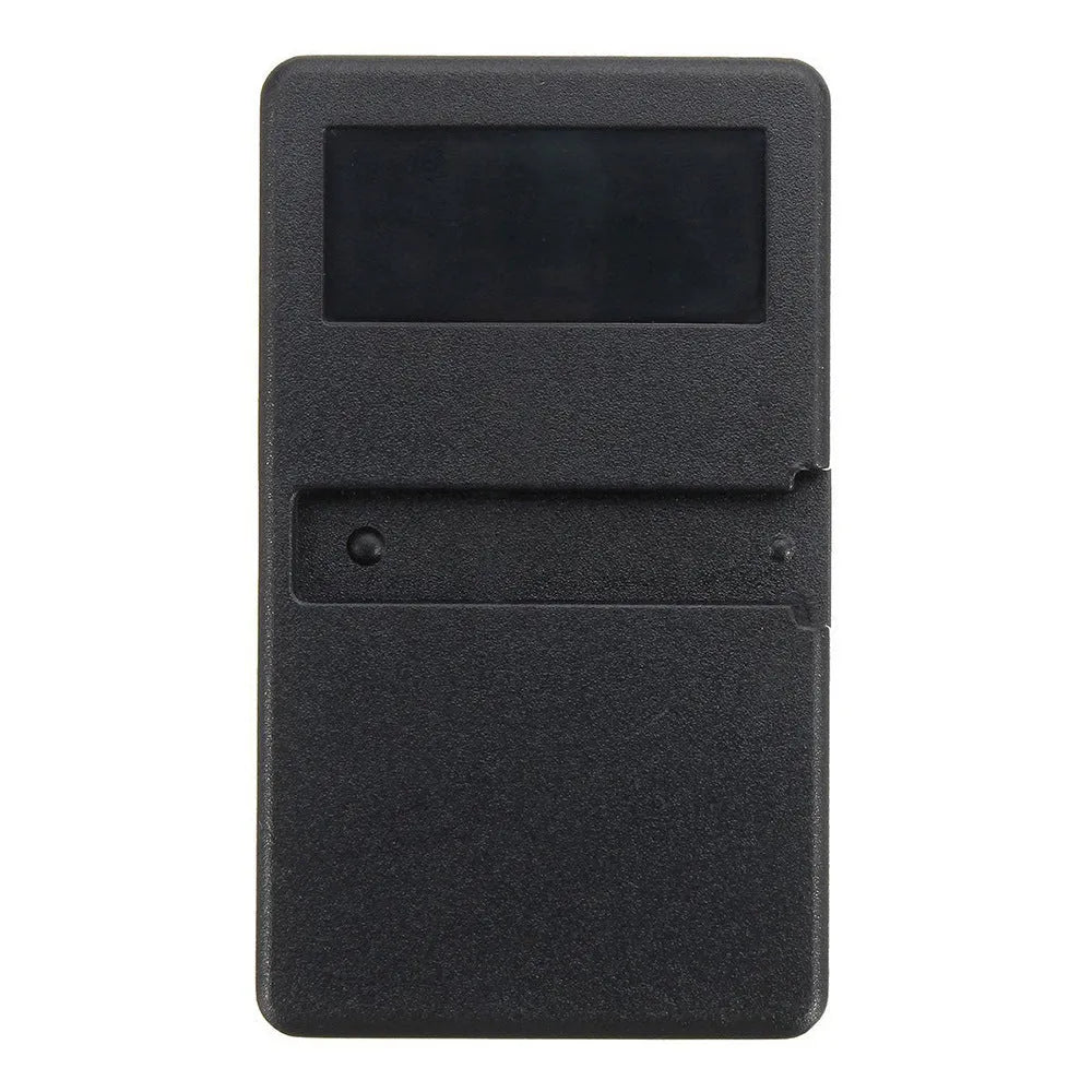 Black three-button garage door remote control showing front view with dimensions 80x47x17mm
