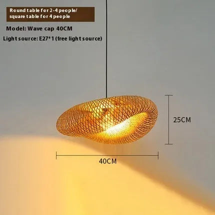 Bamboo straw hat-shaped hanging chandelier lamp in natural woven material