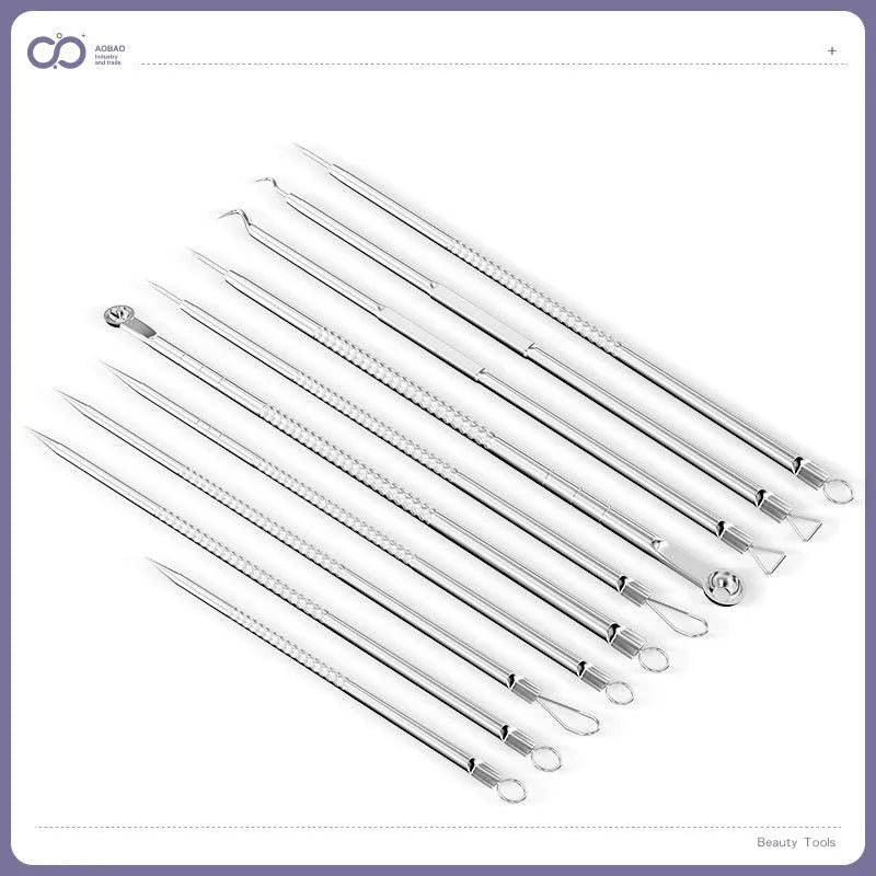 Four silver metal acne needles with ultra-fine pointed tips for blackhead extraction.
