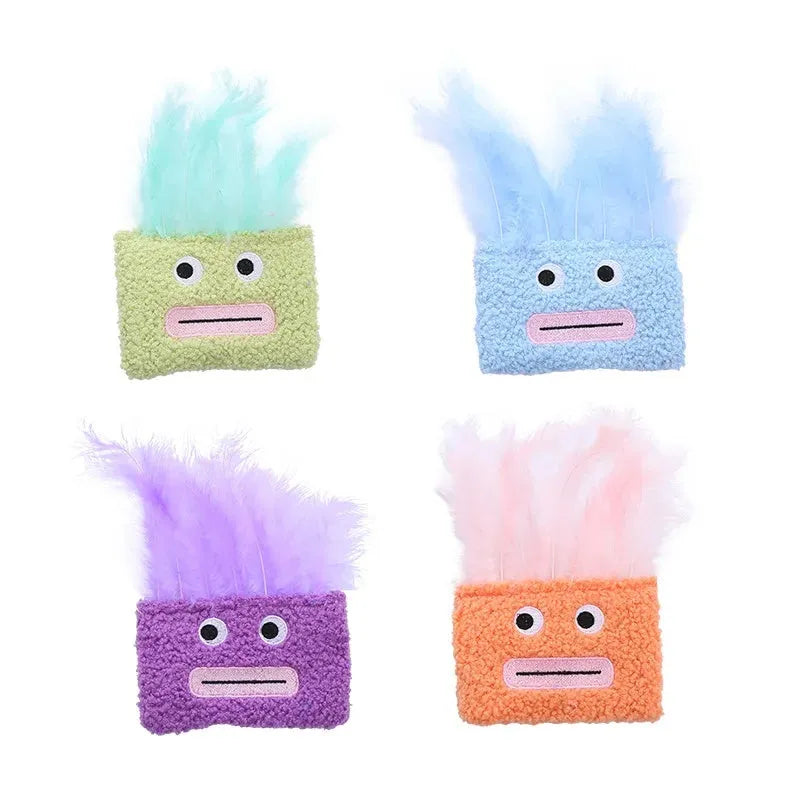 Colourful catnip plush toy with big mouth explosion head shape in blue, green, orange, and purple options