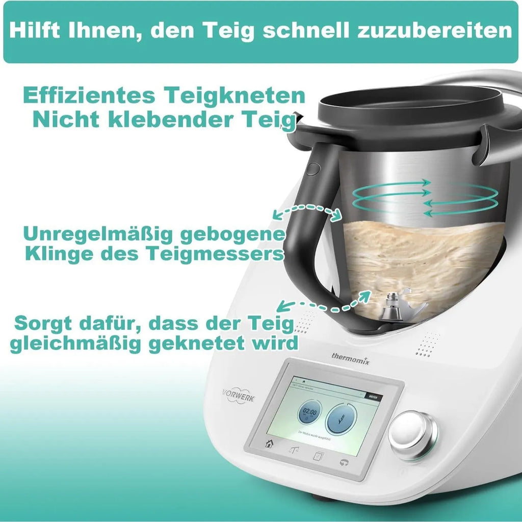 Ceramic dough knife with stainless steel handle for Thermomix TM6 and TM5 mixers, shown with protective blade guard.