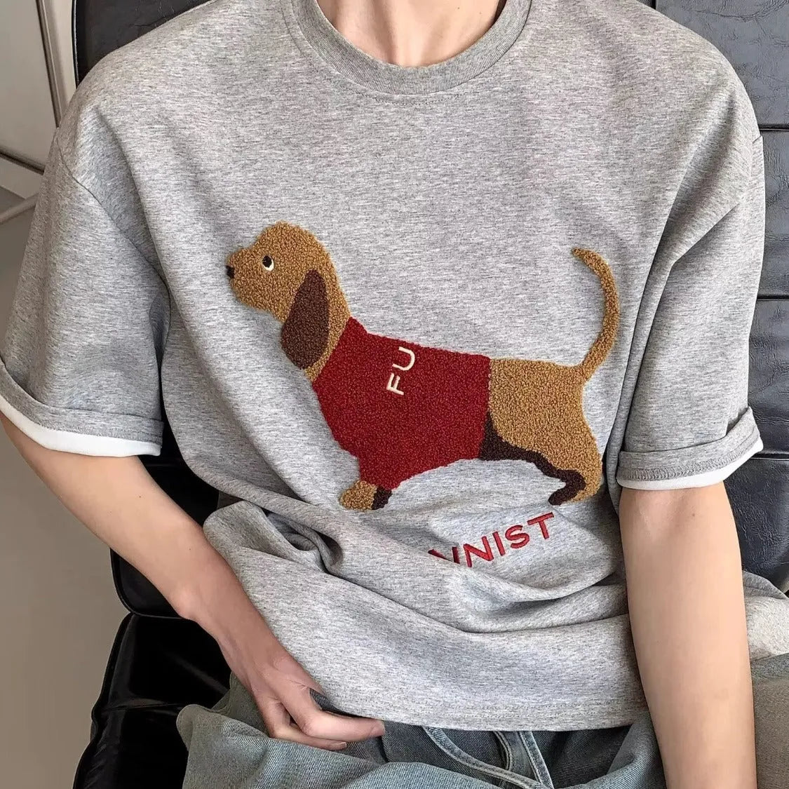 Men's grey t-shirt with embroidered sausage dog design on front