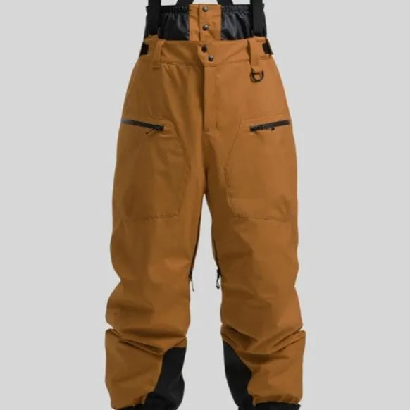 Men's black waterproof ski pants with a thickened waist strap, made from flame retardant linen fabric.