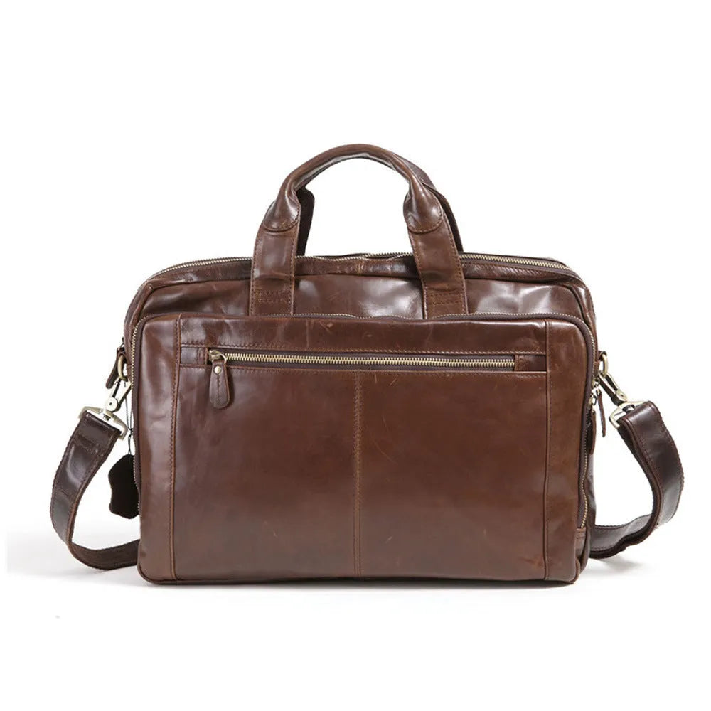 Brown men's business briefcase made from first layer cowhide leather measuring 18 inches