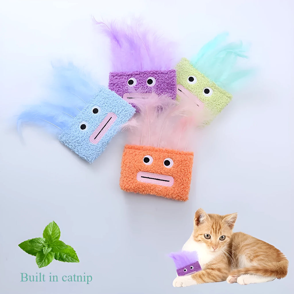 Colourful catnip plush toy with big mouth explosion head shape in blue, green, orange, and purple options