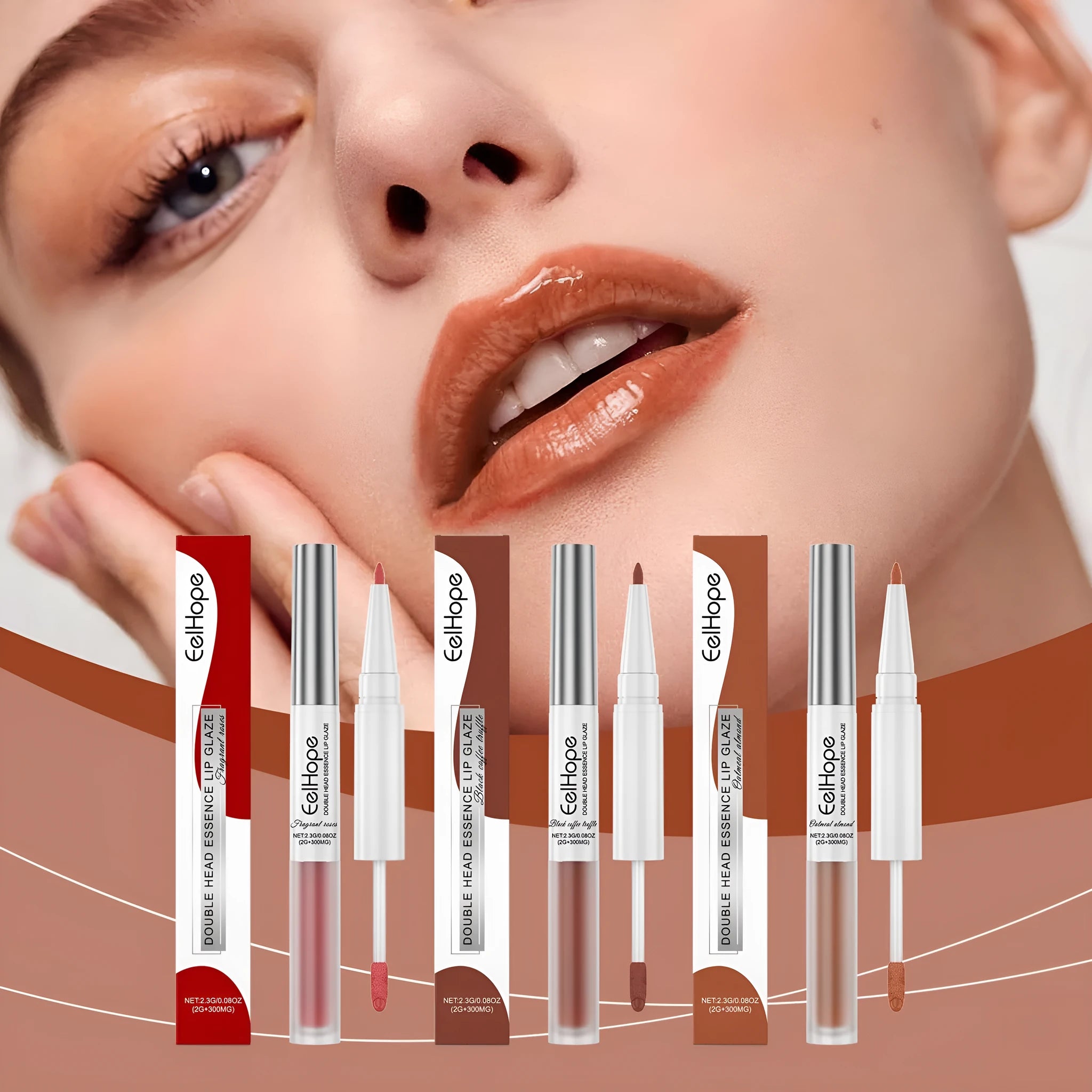 Double-headed lip liner and lip lacquer pen, a lipstick with three colour options.