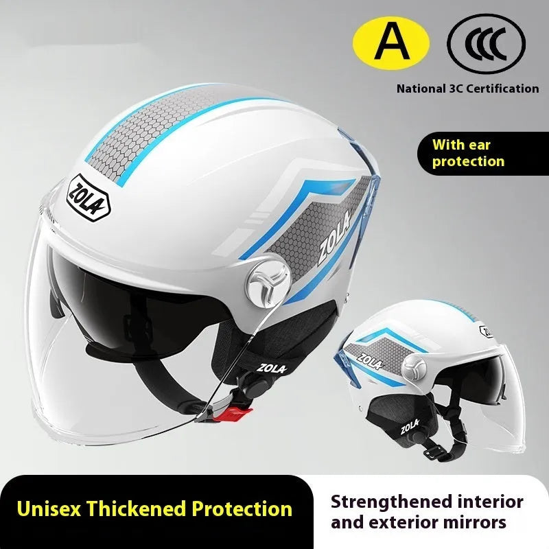 Children's 3C battery motorcycle half helmet with double mirror visor in light brown colour