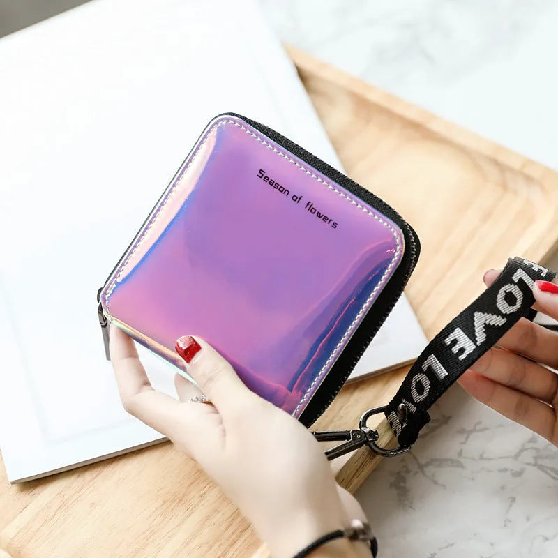 Short folding women's wallet in PU leather showing compact 11cm dimensions with glitter or solid colour options